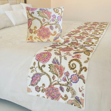 Designer White Cotton Full 68"x18" Bed Runner With Pillow Cover Aster