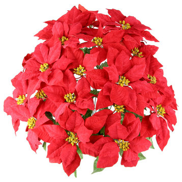 24 Stems Faux Velvet Poinsettia Christmas Bush, Red