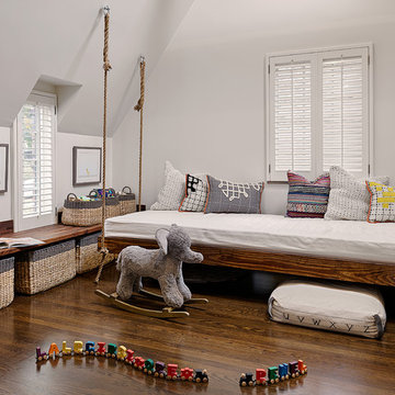 Contemporary Tudor Playroom with Hanging Beds and Built-in Storage