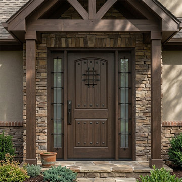 Craftsman Fiberglass Front Door with Decorative Sidelights and Rustic Architectu