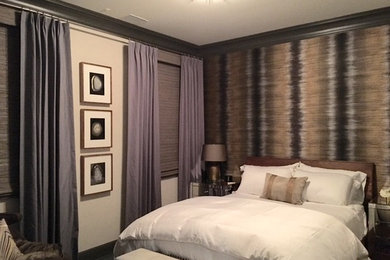 Bedroom - mid-sized transitional master dark wood floor and brown floor bedroom idea in Chicago with multicolored walls and no fireplace