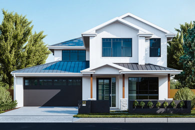 This is an example of a mid-sized traditional two-storey white house exterior in Brisbane with mixed siding, a gable roof, a metal roof, a black roof and board and batten siding.