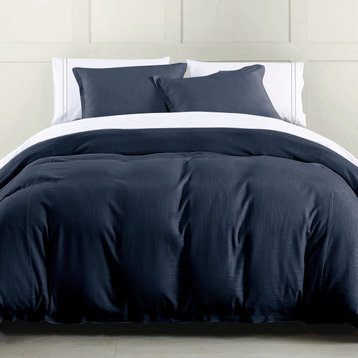 Hera Washed Linen Flange Comforter Set, 3PC, Navy, Queen