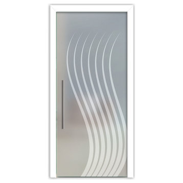 Frameless Glass Pocket Sliding Door With Frosted Design, 34"x81", Recessed Grip, Full-Private
