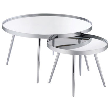 Pemberly Row 2-Piece Metal Round Mirror Top Nesting Coffee Table Chrome