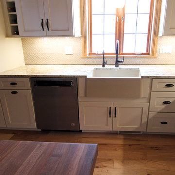 Log Cabin Rustic White Kitchen Cabinets with Granite and Wood Countertops