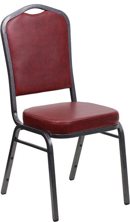 Burgundy Vinyl Stacking Banquet Chair, Silver Frame