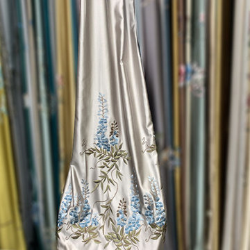 QYHL226K Silver Beach Embroidered Leaves Faux Silk Beautiful Custom Made Curtain
