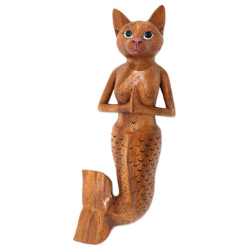 Novica Handmade Mermaid Cat Wood Wall Sculpture