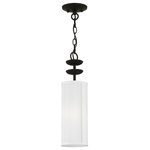 Livex Lighting - Livex Lighting 1 Black Mini Pendant - The single light black finish Brookdale mini pendant combines floral details and casual elements to create an updated look. The hand-crafted off-white fabric hardback drum shade is set off by an inner silky white fabric which creates a versatile effect.