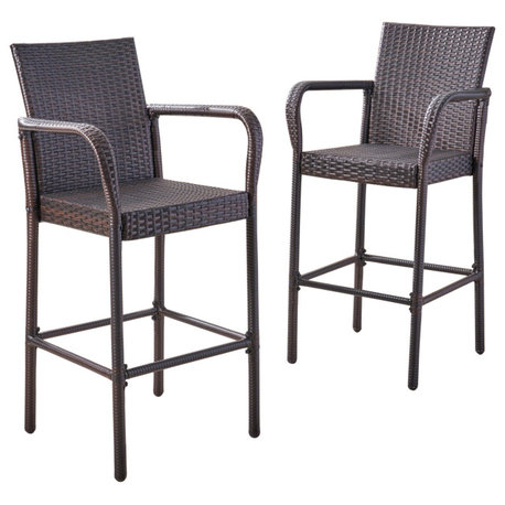 GDF Studio Stewart Outdoor Brown Wicker Bar Stool, Set of 2