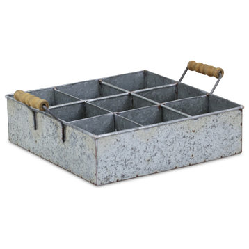 6 Compartment Galvanized Metal Caddy With Wood Grip Handles