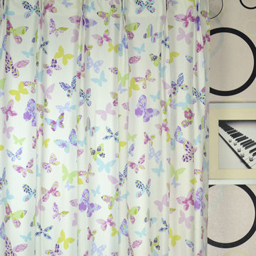 Butterflies Double Pinch Pleat Printed Cotton Curtain Heading Red Orange Color
