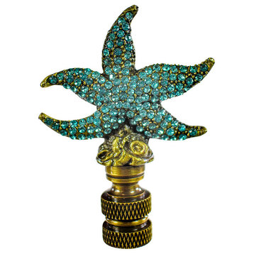 Starfish with Aagean Blue Glass Lamp Finial Antique Metal 2.25"h