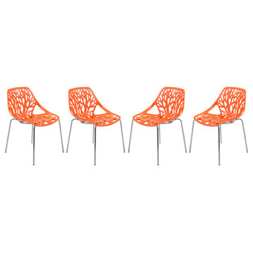LeisureMod Modern Asbury Dining Chair With Chromed Legs, Set of 4, Orange
