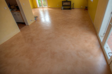 Imagen de salón abierto moderno de tamaño medio con suelo de cemento, estufa de leña y suelo marrón