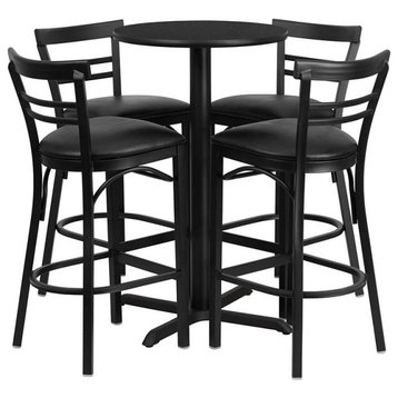 24" Round Black Laminate Table Set With 4-Ladder Back Metal Barstools, Black