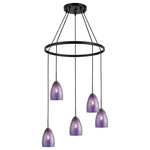 Woodbridge Lighting - Woodbridge Lighting Venezia 5-Light Pendant Chandelier, Bronze, Round, 24"d, Mosaic Purple - The Venezia collection is a series of hanging lights featuring uniquely colored designer glass. With many color options to choose from, this transitional design can blend in many rooms with different colors and themes.   This pendant chandelier hangs 5 tulip shaped mosaic glasses spread around a large metal ring to create a carousel for a contemporary touch.