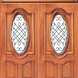 Pre-hung Mahogany Oval Lite Front Double Door Rectangular Transom - Front Doors