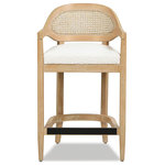 Jennifer Taylor Home - Americana Mid-Century Modern Rattan Cane Back Stool, Ivory White Bouclé, 26" Counter Height - Revel in the hand-crafted details of the Americana Bar Stool Collection by Jennifer Taylor Home. The natural cane back texture is paired with a graceful curved mid-height back and straight arms that are pleasing to the eye and offer a comfortable seating experience. The solid wood Oak frame includes a footrest, protected by a brass plate. This bar stool does not require any assembly.