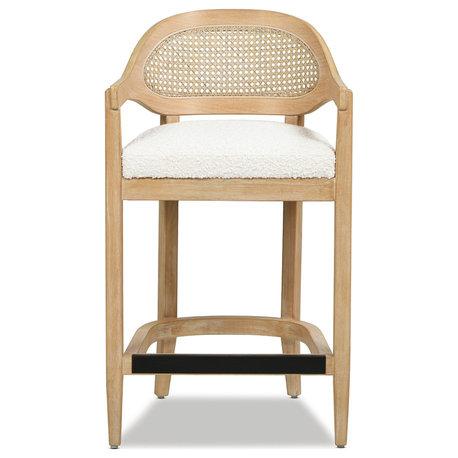 Americana Mid-Century Modern Rattan Cane Back Stool, Ivory White Bouclé, 26" Counter Height