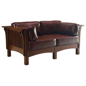 Crafters and Weavers Arts and Crafts Leather Loveseat in Chestnut