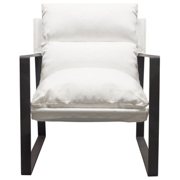 Miller Sling Accent Chair in White Linen Fabric  Black Powder Coated Metal Frame