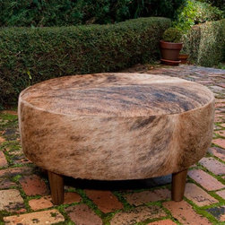 Round Cowhide Ottoman with Wood Legs - Footstools And Ottomans