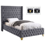 Meridian Furniture - Savan Velvet Upholstered Bed, Gray, Twin - Bring luxury to the forefront when you add this Savan velvet twin-size bed to your room. Upholstered in rich grey velvet from the top of its super-high headboard down to its footboard, this beautiful bed features deep button tufting and a wingback detail to make it a true standout in your space. This luxe bed comes with two sets of legsincluding both gold and chrome optionsso you can customize it to completely coordinate with other items in your space. Full slats are included so that you can set it up and start using it right away.