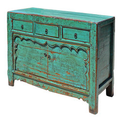Chinese Distressed Bright Aqua Green 3 Drawers Sideboard Table Cabinet - Console Tables