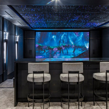 Bundy Drive Brentwood, Los Angeles, luxury home theater with modern bar seating