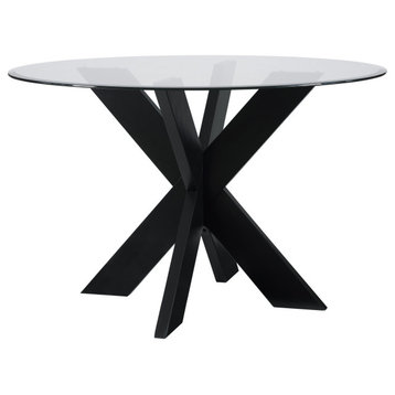 Contemporary Dining Table, Round Tempered Glass & Crisscross Wooden Base, Black