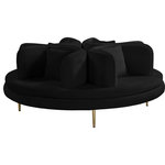 Meridian Furniture - Circlet Velvet Upholstered Roundabout Sofa, Black - Bring untold elegance to your room with this Circlet velvet roundabout sofa. This exceptionally crafted piece of furniture is upholstered with soft black velvet material that's sumptuous to the touch. The four back cushions and matching pillows are comforting to the back as you and guests sit, and the gold iron legs make the sofa a sturdy addition to your room.