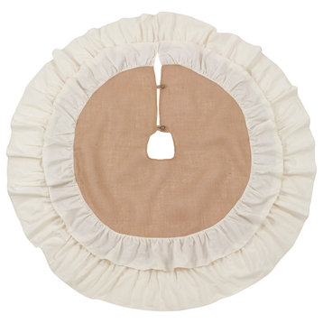 Christmas Tree Skirt With Cotton and Jute Ruffled Design, 56"x56", Natural