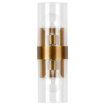 Contemporary Double Hurricane Glass Cylinder Wall Sconce 2 Light Brass Bronze