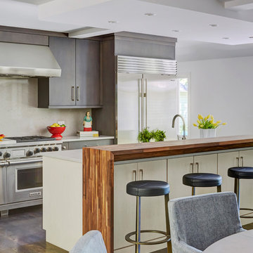 Two Tone Cabinetry with Waterfall Edge Walnut Island