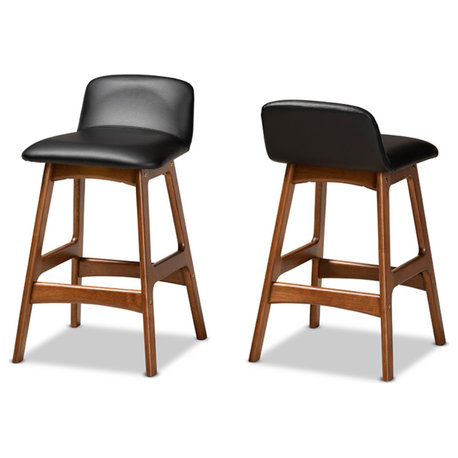 Black Faux Leather Upholstered and Walnut Brown Wood Counter Stool, Set of 2