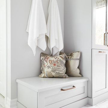 Bathroom With Bench and Crosshatch Tiles