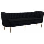 Meridian Furniture - Margo Velvet Upholstered Set, Black, Sofa - Lean back and lounge in luxurious style on this stunning Margo black velvet sofa by Meridian Furniture. This contemporary sofa features plush velvet upholstery that is both classy and sumptuous against your skin, a single seat cushion and rounded arms that curve into a low, rounded back, creating a perfect, modern piece for your home. Gold stainless steel legs support this sofa and provide stunning contrast to the sofa's plush, black fabric.