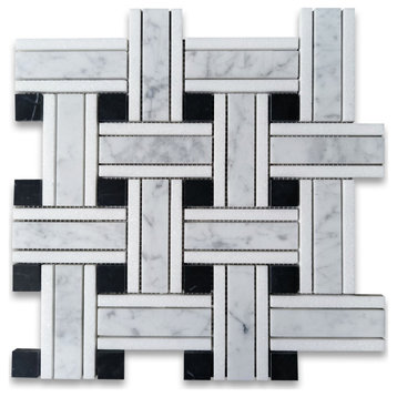 Carrara White Marble Twine Basketweave Mosaic Tile Black White Honed, 1 sheet
