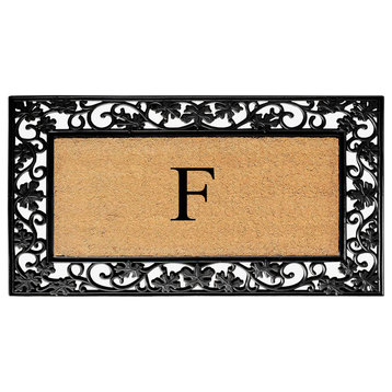 A1HC Floral Border Black 18x30 Rubber and Coir Heavy Duty Monogrammed Doormat, F
