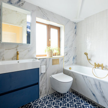 Deep Blue Bathroom with Brushed Brass | Prestwich Project by ALFA Tiles UK
