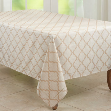 Tablecloth With Laser-Cut Hemstitch Design,Taupe, 65"x140"