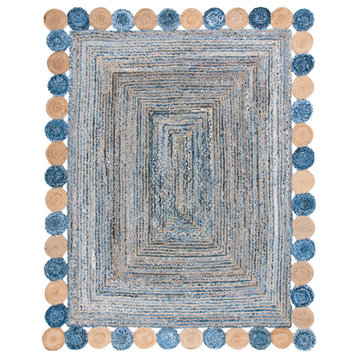 Unique Area Rug, Braided Jute With Circle Accented Border, Blue-Beige/8' X 10'