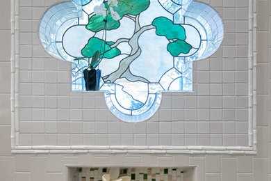 Inspiration for a mid-sized zen master beige tile and ceramic tile wet room remodel in San Diego
