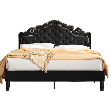Contemporary Platform Bed, Curved Velvet Headboard With Nailhead, Black, Full