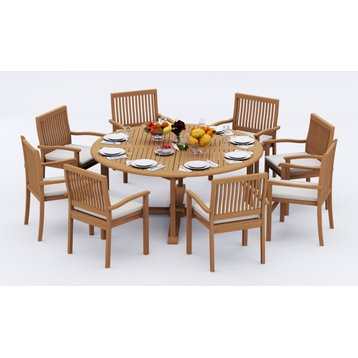 9-Piece Outdoor Teak Dining Set: 72" Round Table, 8 Leveb Stacking Arm Chairs