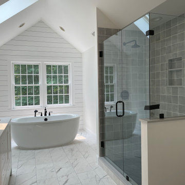 Durham Master Bathroom Carrara Flooring, Shiplap, Tile Shower
