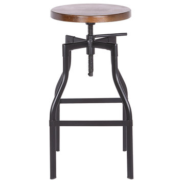 Melba Adjustable Height Barstool Frosted Black with Walnut Wood Seat (Set of 1)