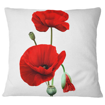 Red Poppies On White Background Floral Throw Pillow, 16"x16"